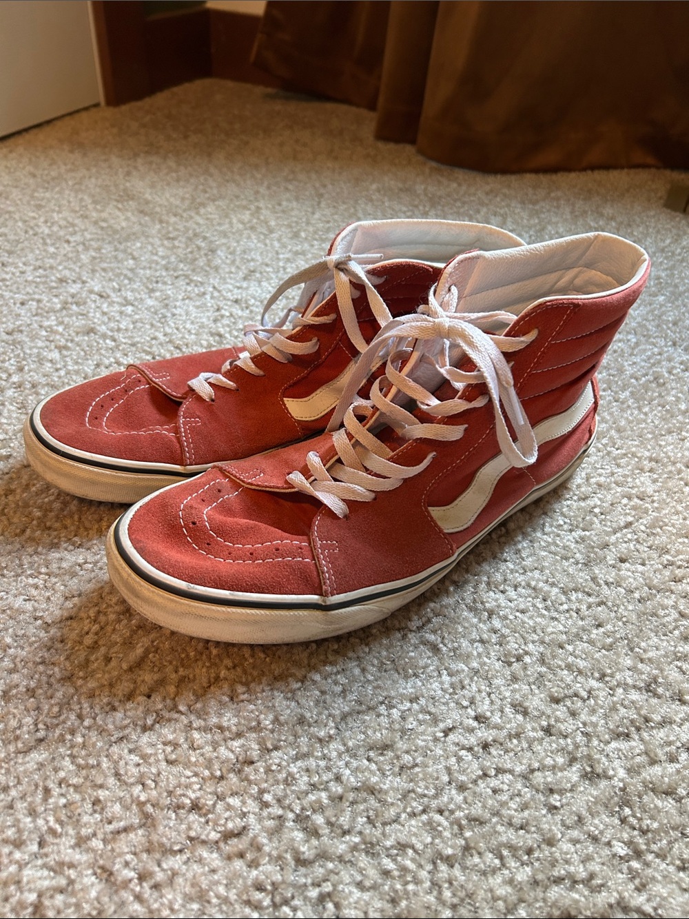 Vans Sk8-Hi High Top Sneakers in Coral Red with White Stripe